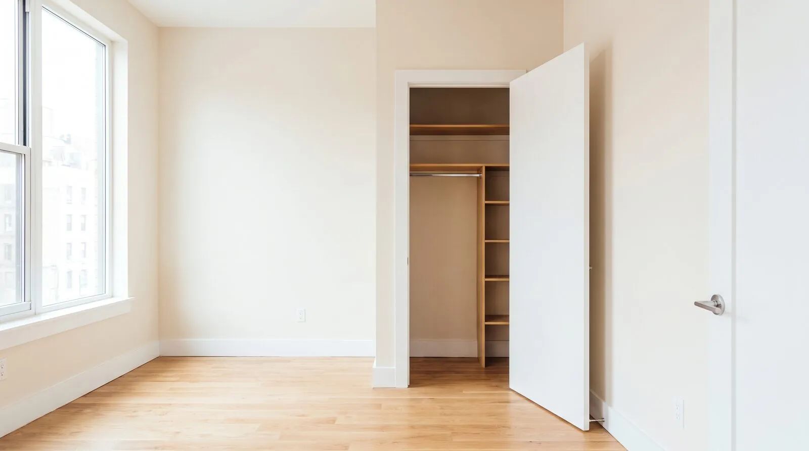 An empty, freshly cleaned Austin bedroom with the closet door open on bare shelves
