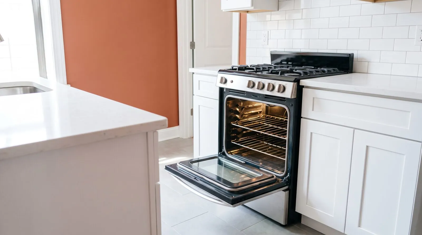 An empty Austin kitchen with the oven door open, showing a clean interior