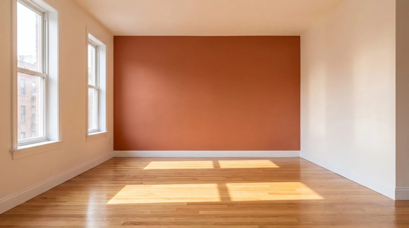 An empty, freshly cleaned Austin apartment with sunlight on a swept oak floor