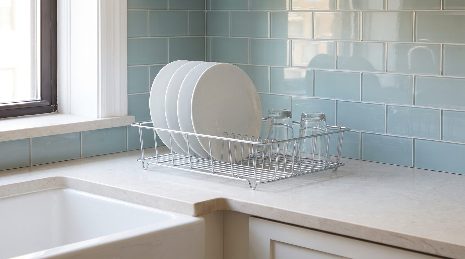 Clean white plates and glasses air-drying in a wire rack on a Austin apartment kitchen counter with a blue-green tile backsplash