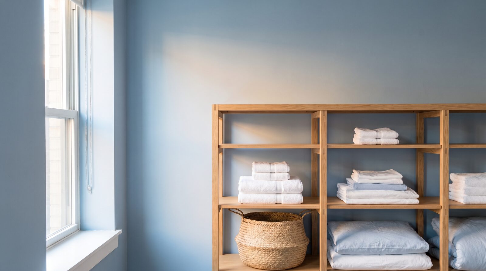 Neatly folded white bath towels and pale blue bed linens stacked on open oak shelving against a dusty blue wall in a Austin apartment