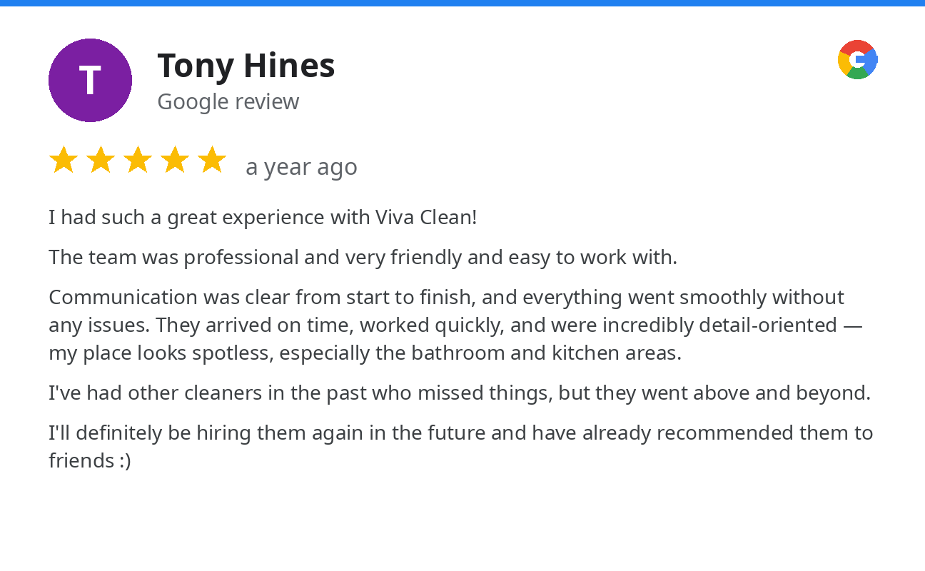 Google review by Tony Hines: five stars