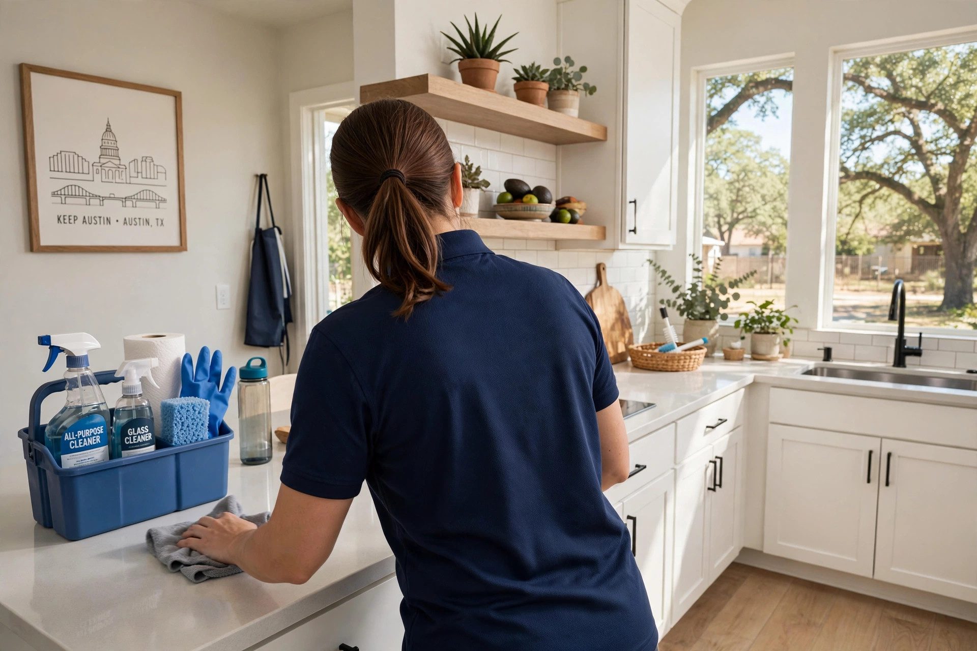 A VivaClean cleaner wiping down a bathroom mirror during a clean